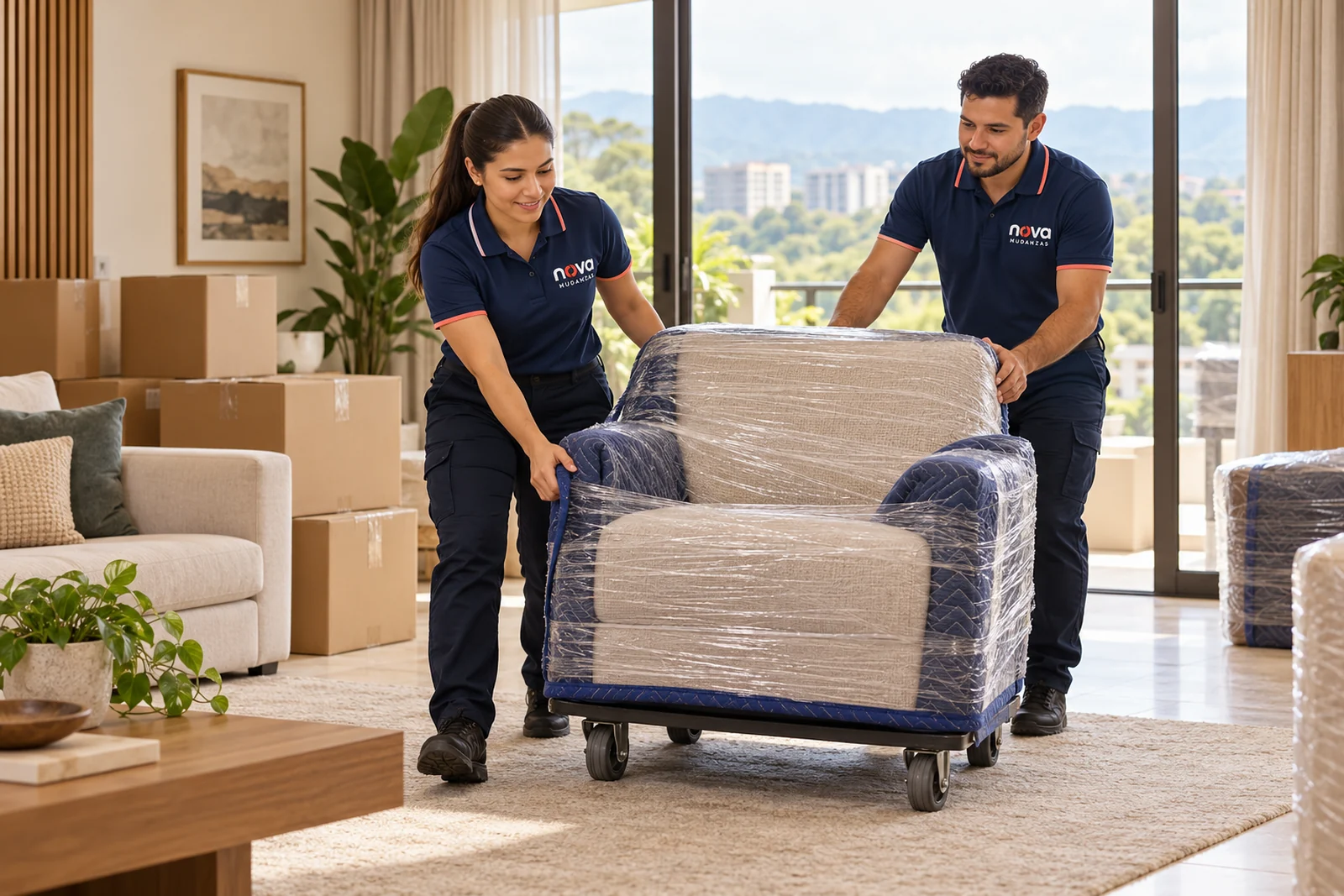 Two people in Nova polo shirts protecting furniture in a home